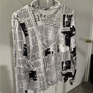 Black and White Newspaper Print Long Sleeve Top